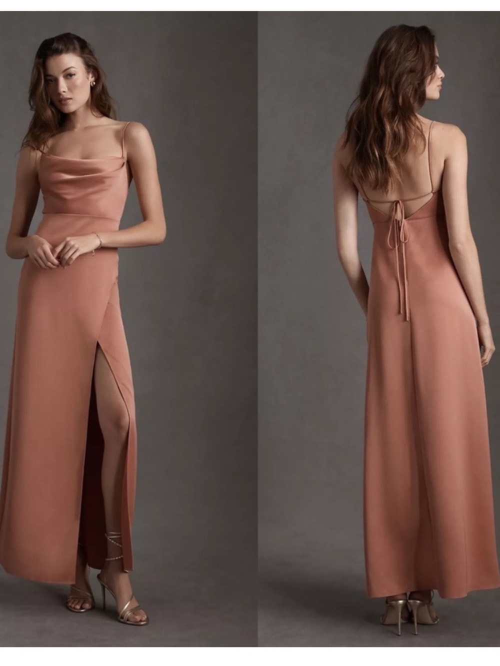 Anthropologie BHLDN Remy Cowl-Neck Faux-Wrap Satin Gown Sedona Mauve Size 2